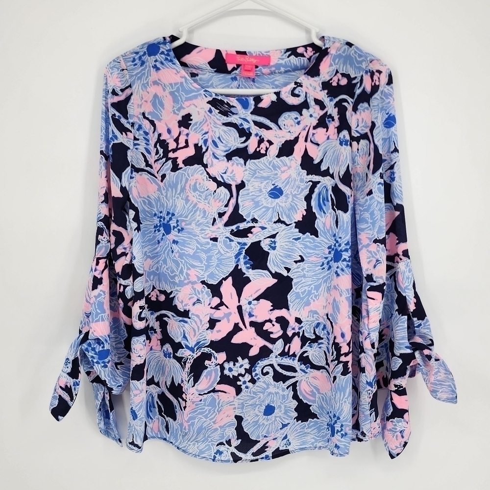 Lilly Pulitzer Langston Blouse Top Floral Tie Sleeves XXS Coastal Vacation Beach